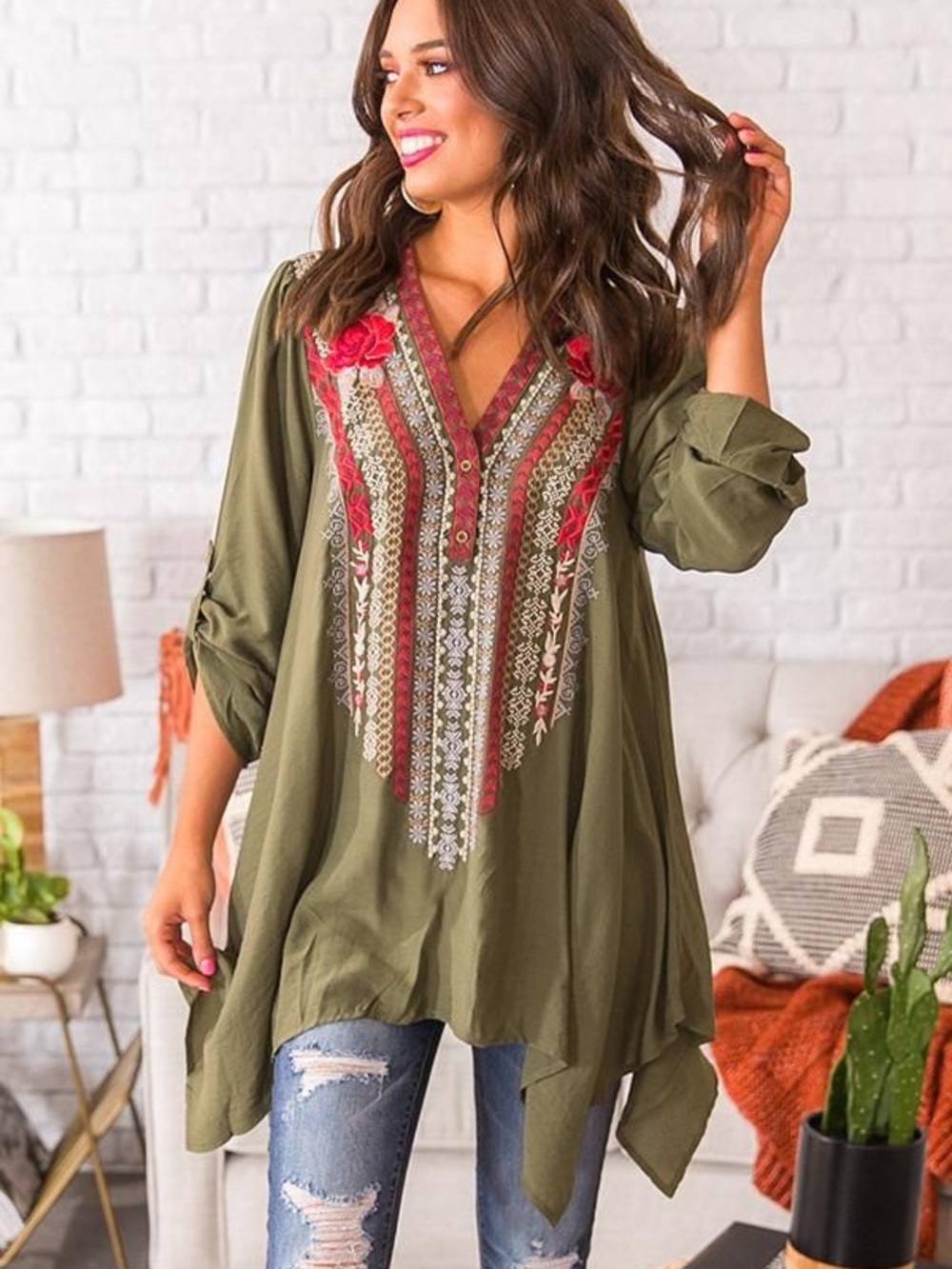 ANDREE BY UNIT Olive Tunic with Red & Cream Embroidery